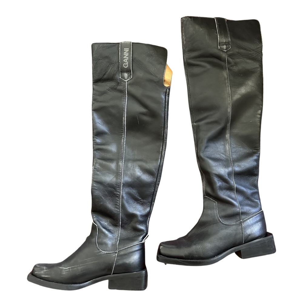 GANNI SQUARE TOP FADED LEATHER OVER THE KNEE BOOTS IN BLACK